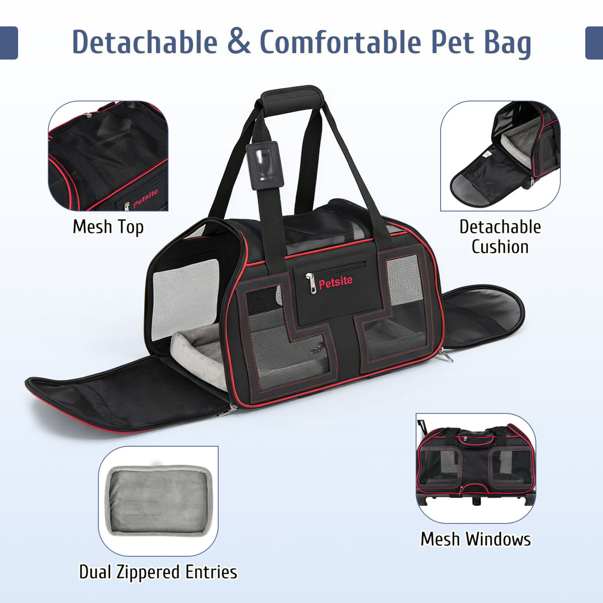 Rolling Pet Carrier with Wheels & Telescopic Handle and Mesh Windows for Pets-Red