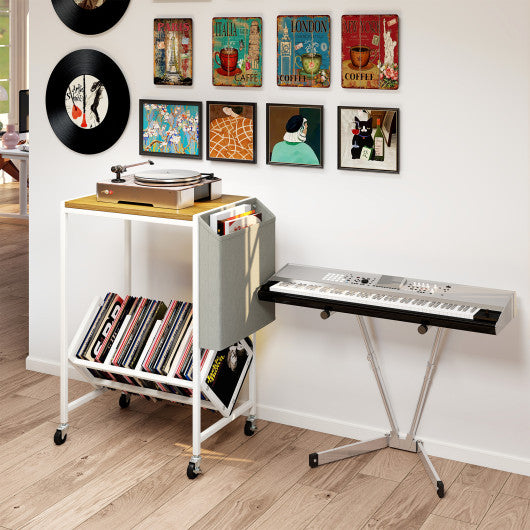 Rolling Record Player Stand 2-Tier with Vinyl Storage and Magazine Holder Bag-Natural