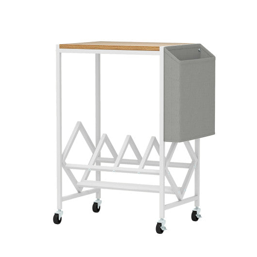 Rolling Record Player Stand 2-Tier with Vinyl Storage and Magazine Holder Bag-Natural