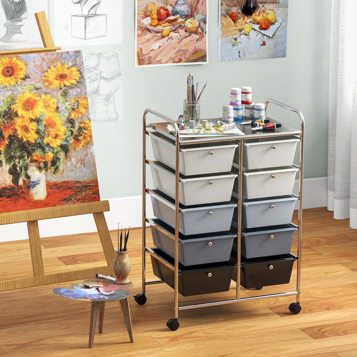 10-Drawer Rolling Storage Cart-Beige & Gray by DirectDeals