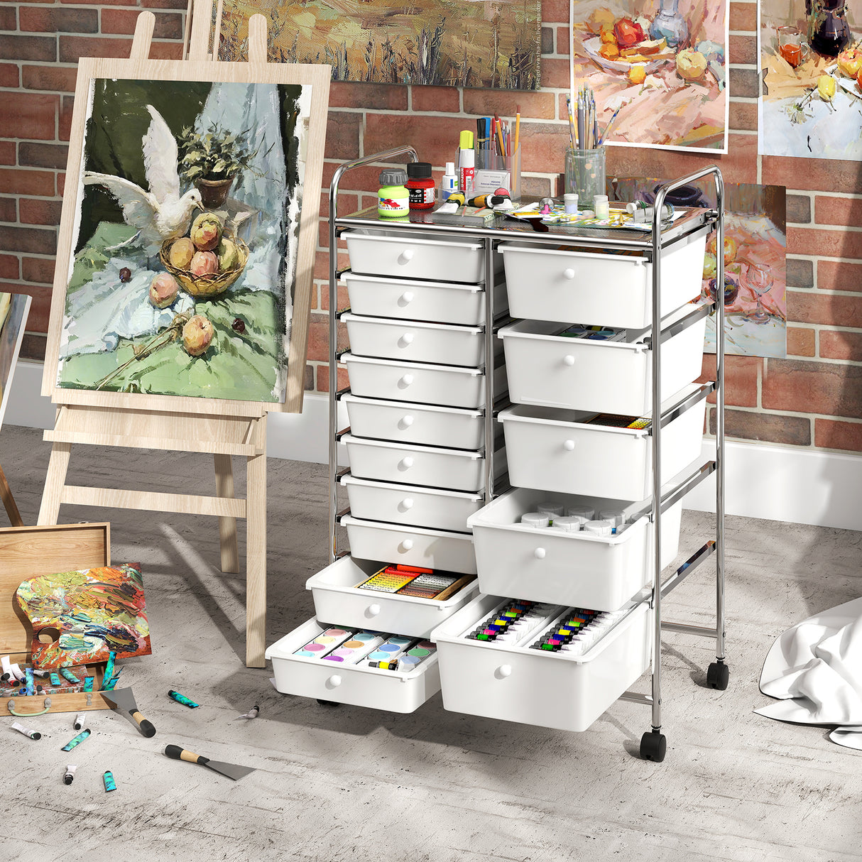 Rolling Storage Cart 15-Drawer Trolley with Chrome Plated Metal Frame-White