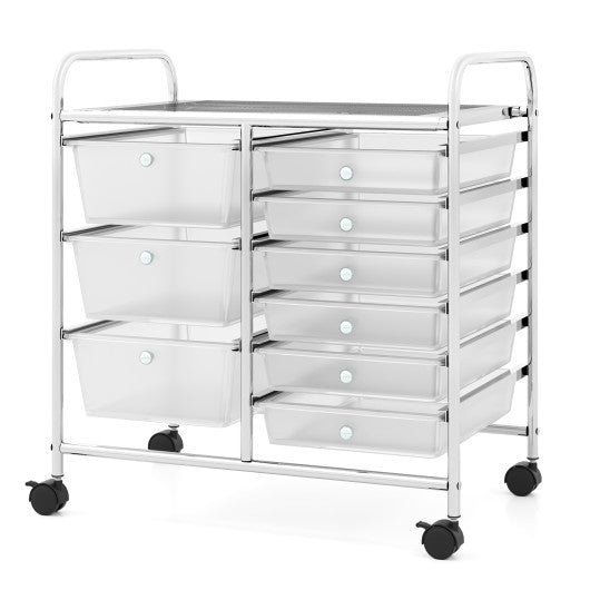 9-Drawer Rolling Storage Cart with Colorful Drawers and Metal Frame-Transparent