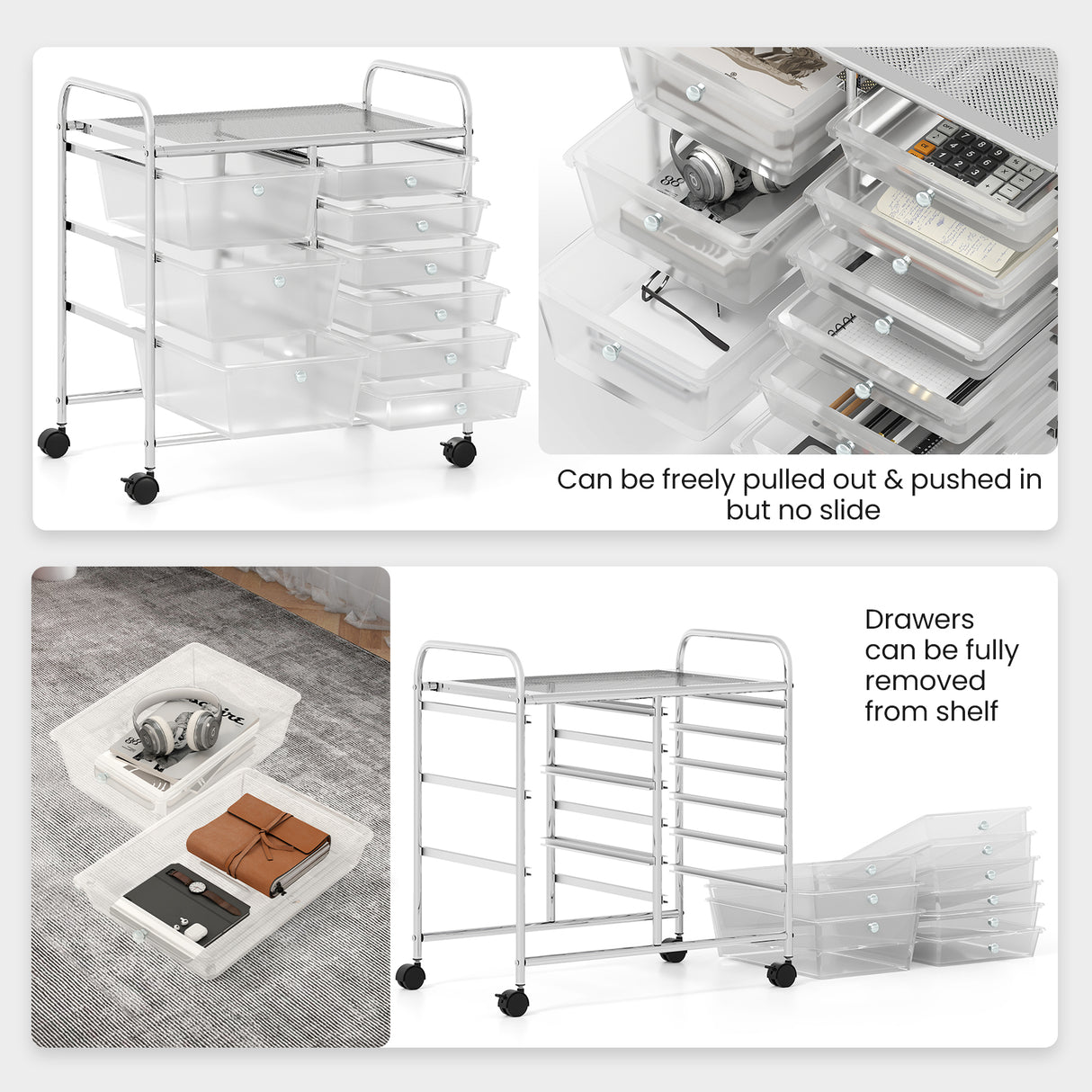 9-Drawer Rolling Storage Cart with Colorful Drawers and Metal Frame-Transparent