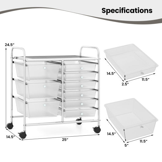 9-Drawer Rolling Storage Cart with Colorful Drawers and Metal Frame-Transparent