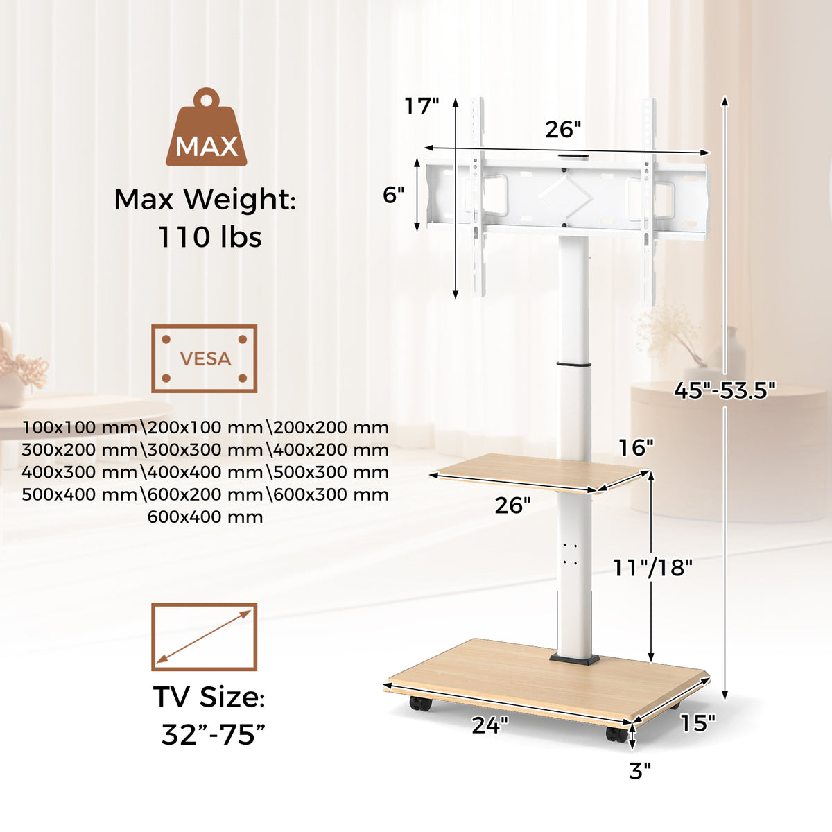 Rolling TV Stand on Wheels Mobile TV Cart for 32-75 Inch TVs Portable AV Cart-Natural