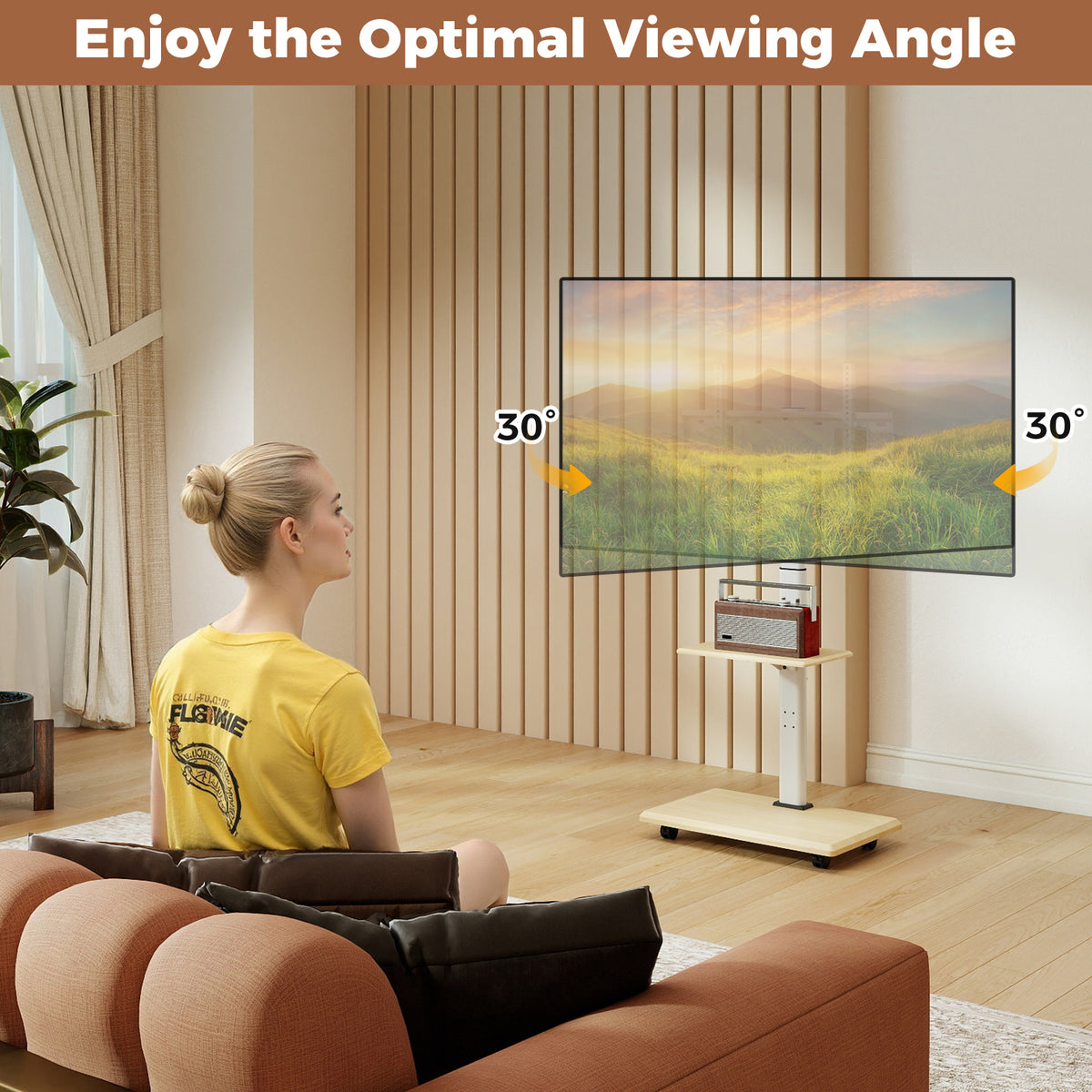 Rolling TV Stand on Wheels Mobile TV Cart for 32-75 Inch TVs Portable AV Cart-Natural