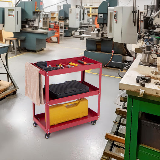 3-Tier Rolling Tool Cart with Spacious Shelves 4 Universal Wheels and 2 Brakes-Red