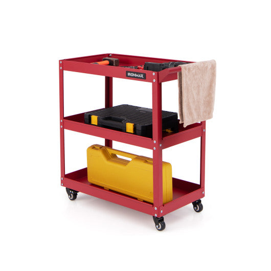 3-Tier Rolling Tool Cart with Spacious Shelves 4 Universal Wheels and 2 Brakes-Red
