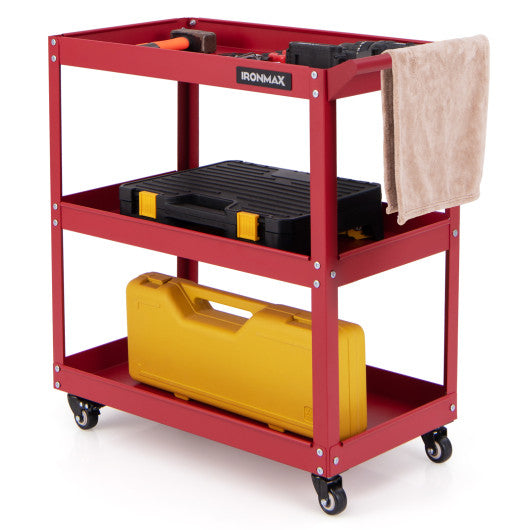 3-Tier Rolling Tool Cart with Spacious Shelves 4 Universal Wheels and 2 Brakes-Red