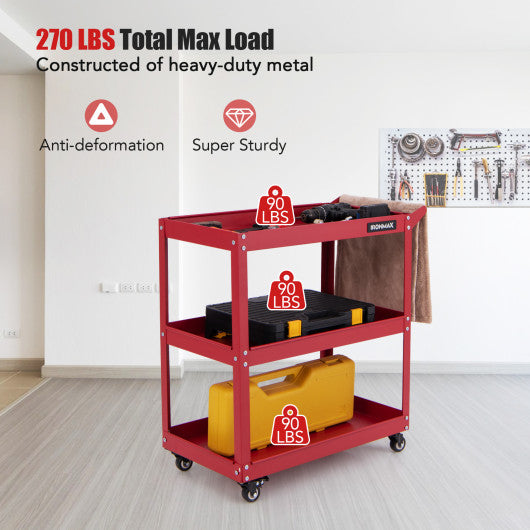 3-Tier Rolling Tool Cart with Spacious Shelves 4 Universal Wheels and 2 Brakes-Red