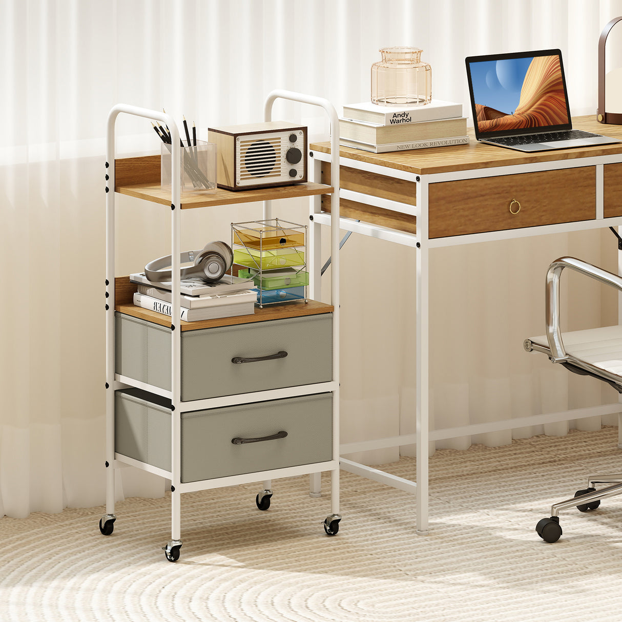 Rolling Utility Storage Cart with 2 Open Shelves and 2 Fabric Drawers-Natural