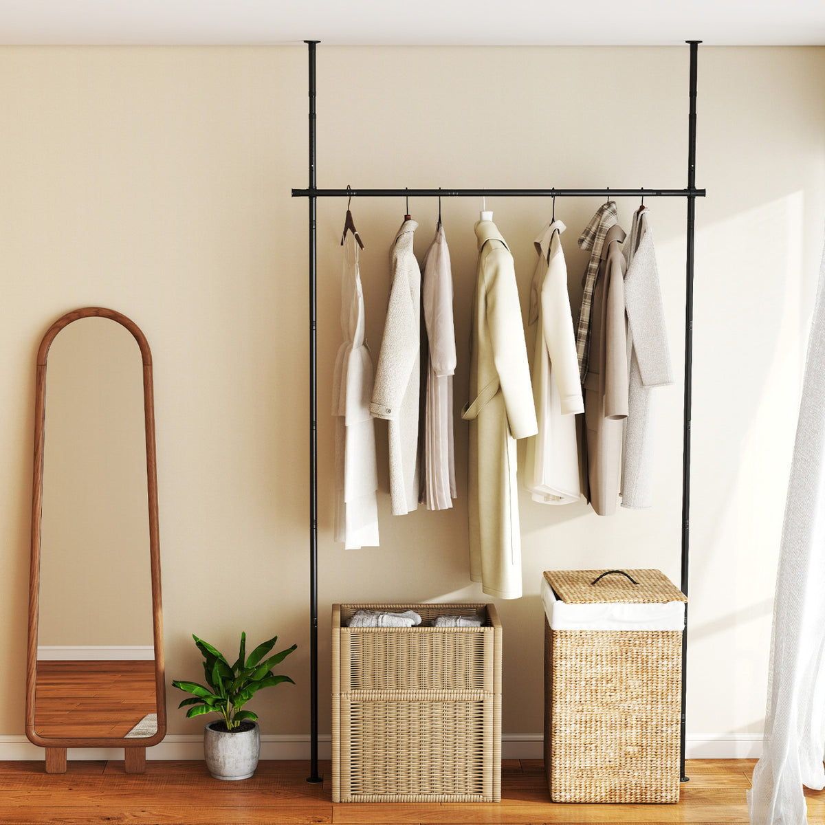 Room Divider Curtain Rod with Adjustable Floor to Ceiling Tension Rod (Curtains Not Included)-Black