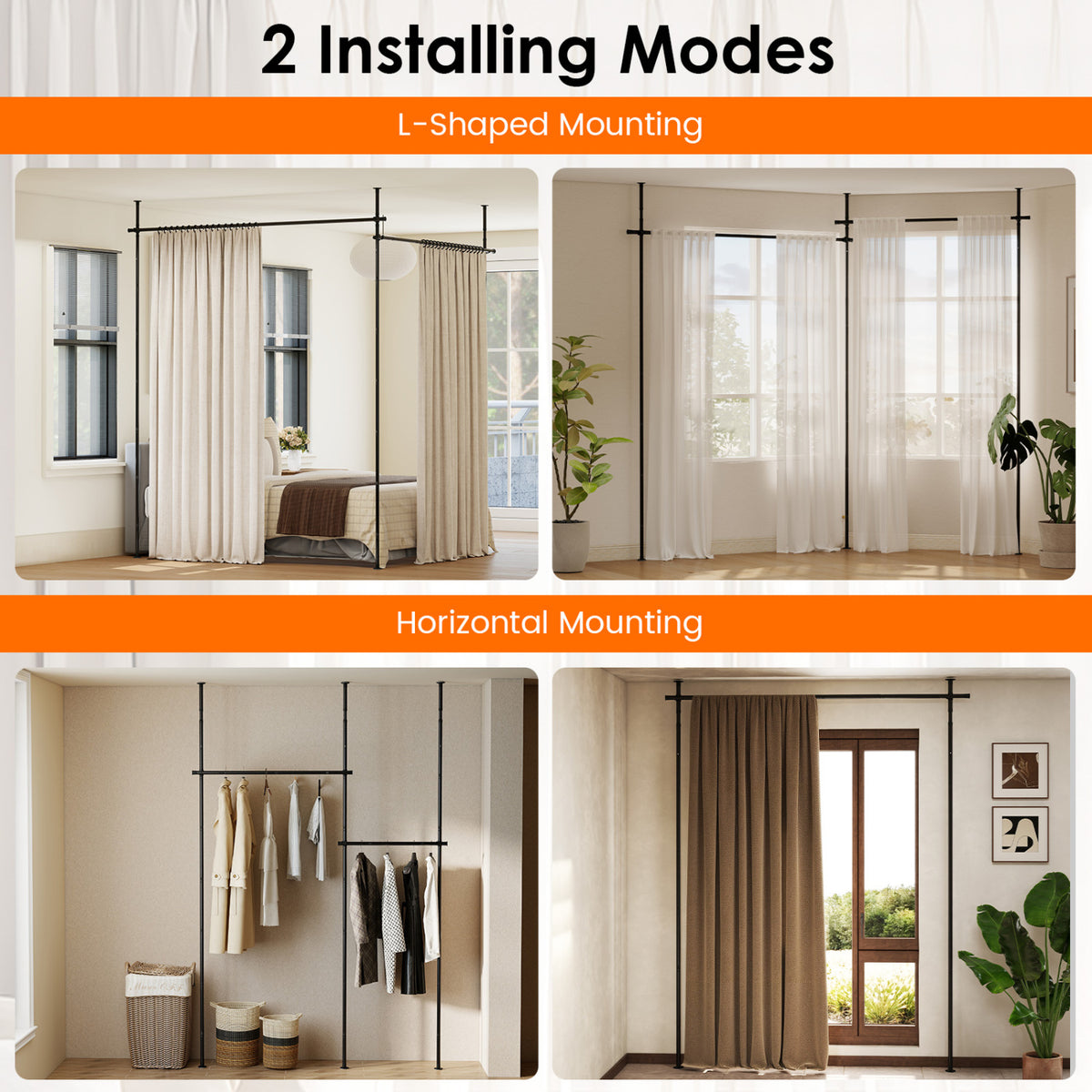 Room Divider Curtain Rod with Adjustable Floor to Ceiling Tension Rod (Curtains Not Included)-Black