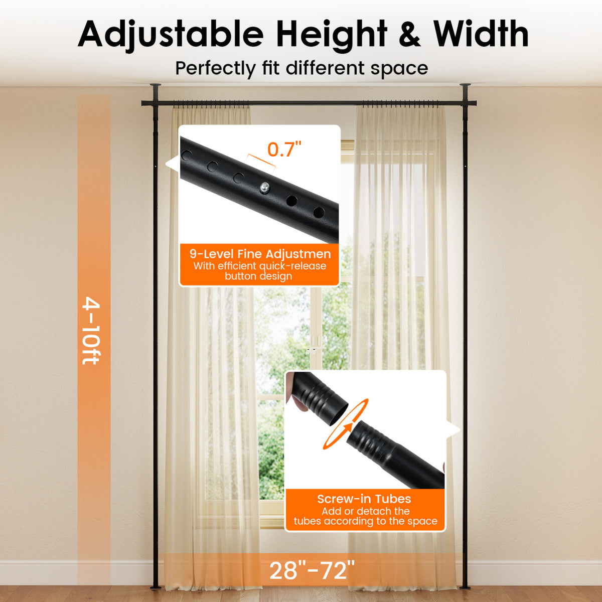 Room Divider Curtain Rod with Adjustable Floor to Ceiling Tension Rod No Drilling Required-Black