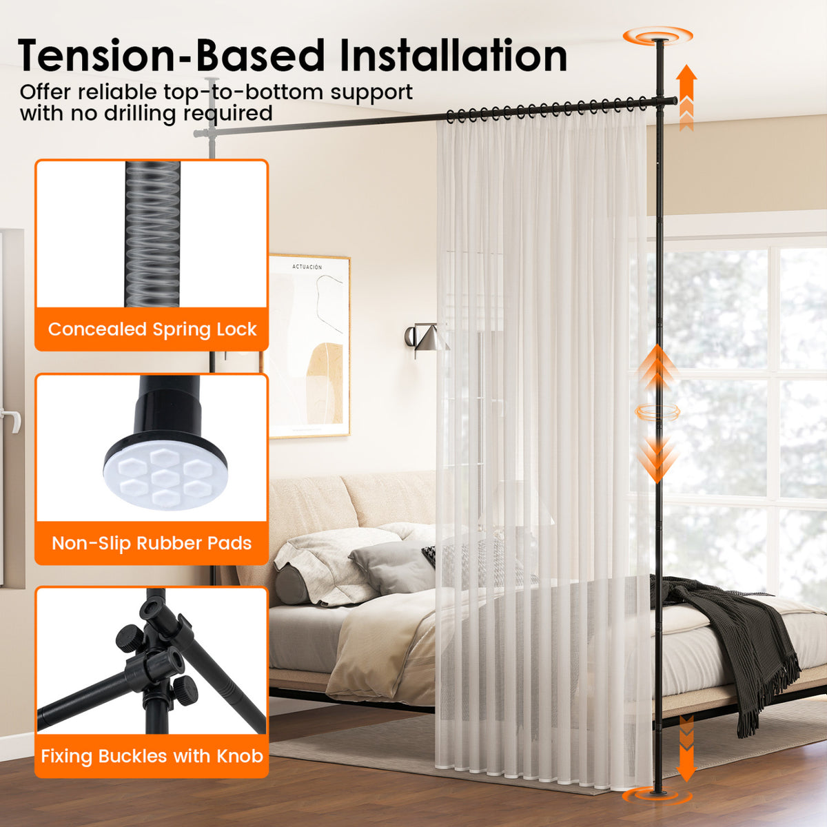 Room Divider Curtain Rod with Adjustable Floor to Ceiling Tension Rod No Drilling Required-Black