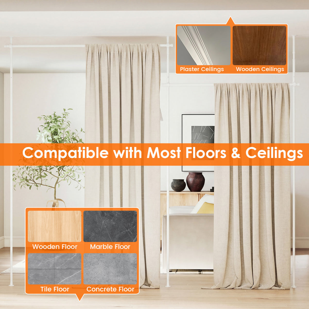 Room Divider Curtain Rod with Adjustable Floor to Ceiling Tension Rod (Curtains Not Included)-White