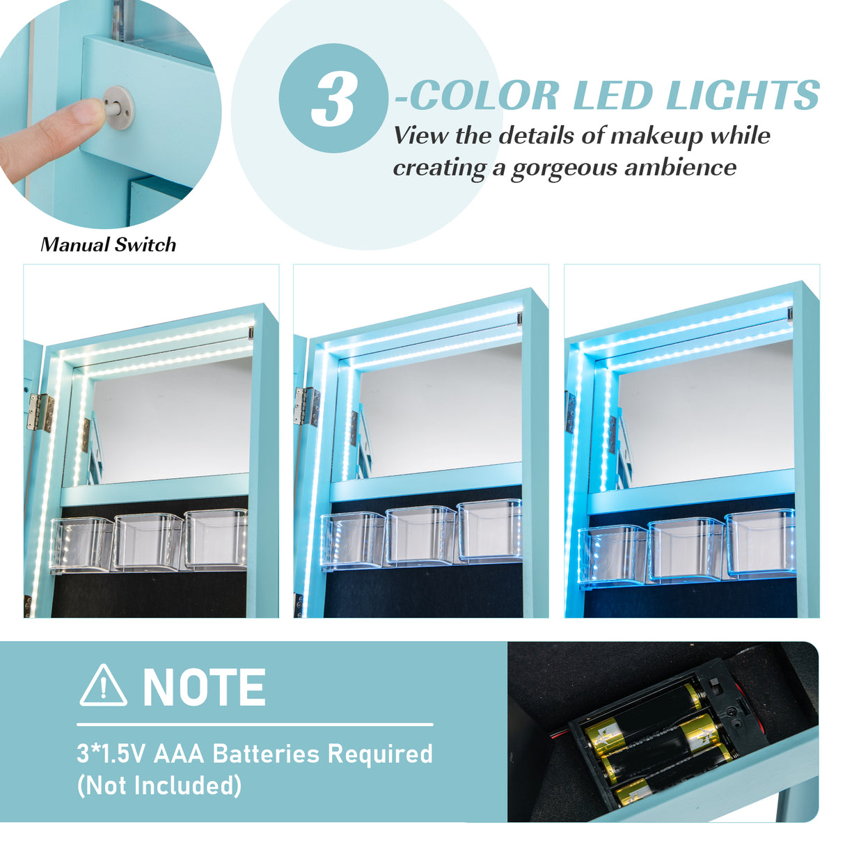 360 ° Rotating Mirrored Jewelry Cabinet Armoire 3 Color LED Modes Lockable-Blue