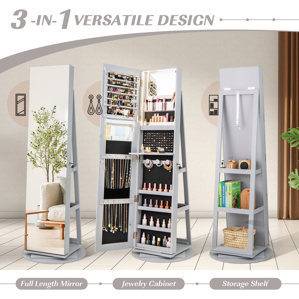 360 ° Rotating Mirrored Jewelry Cabinet Armoire 3 Color LED Modes Lockable-Gray