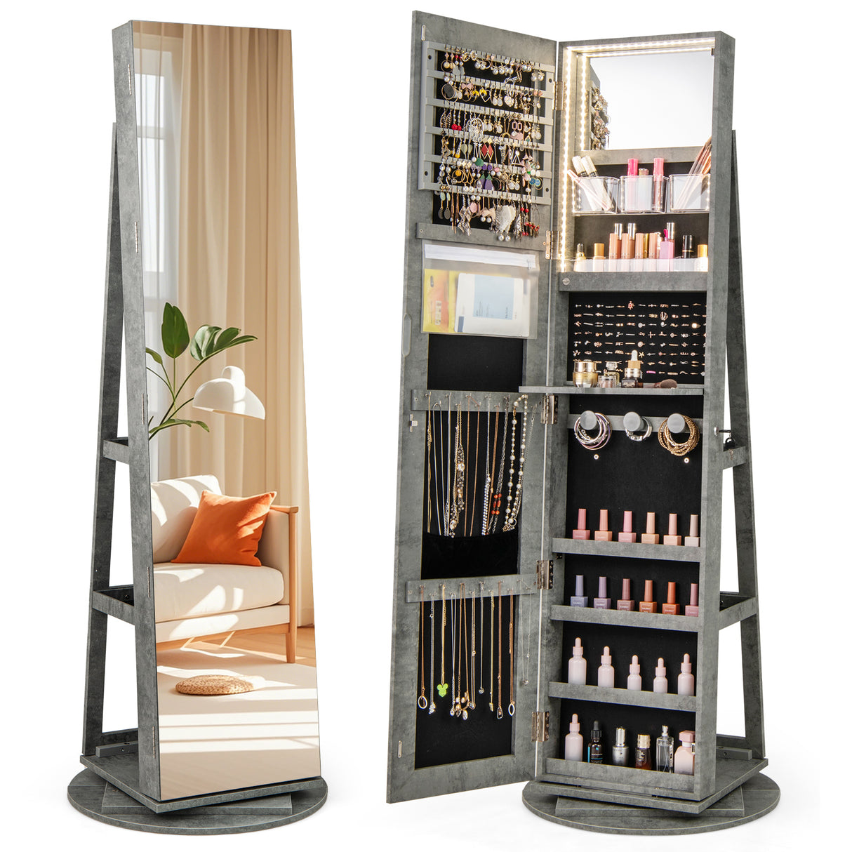 360 ° Rotating Mirrored Jewelry Cabinet Armoire 3 Color LED Modes Lockable-Green