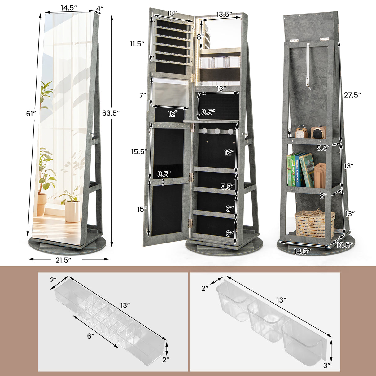 360 ° Rotating Mirrored Jewelry Cabinet Armoire 3 Color LED Modes Lockable-Green