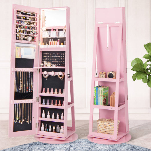 360 ° Rotating Mirrored Jewelry Cabinet Armoire 3 Color LED Modes Lockable-Pink