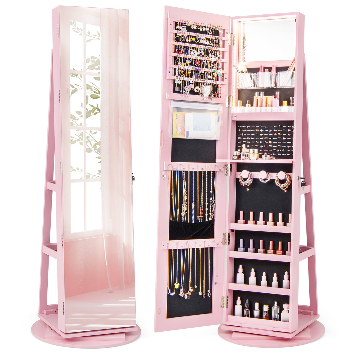 360 ° Rotating Mirrored Jewelry Cabinet Armoire 3 Color LED Modes Lockable-Pink