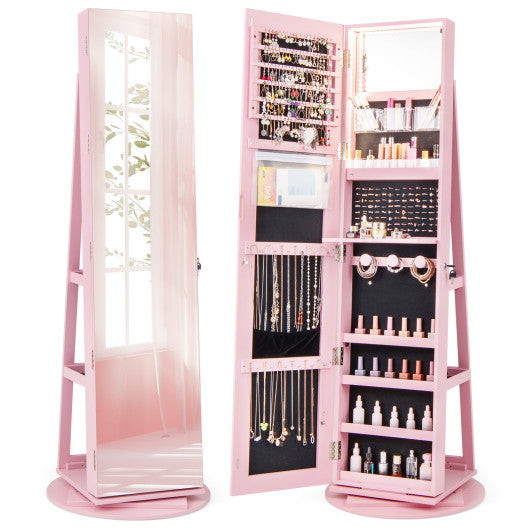 360 ° Rotating Mirrored Jewelry Cabinet Armoire 3 Color LED Modes Lockable-Pink