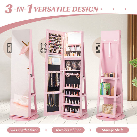 360 ° Rotating Mirrored Jewelry Cabinet Armoire 3 Color LED Modes Lockable-Pink