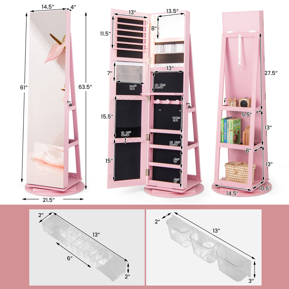 360 ° Rotating Mirrored Jewelry Cabinet Armoire 3 Color LED Modes Lockable-Pink
