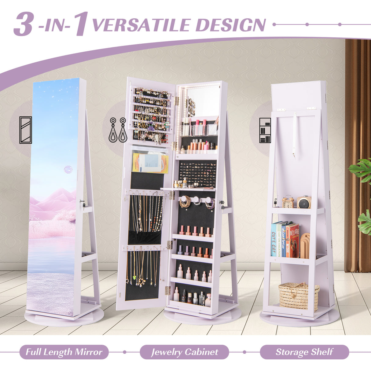 360 ° Rotating Mirrored Jewelry Cabinet Armoire 3 Color LED Modes Lockable-Purple
