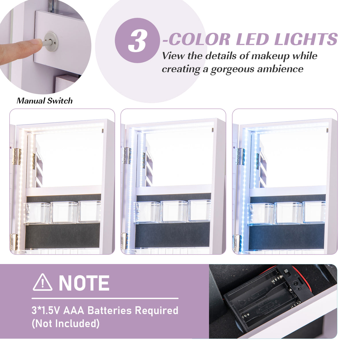 360 ° Rotating Mirrored Jewelry Cabinet Armoire 3 Color LED Modes Lockable-Purple