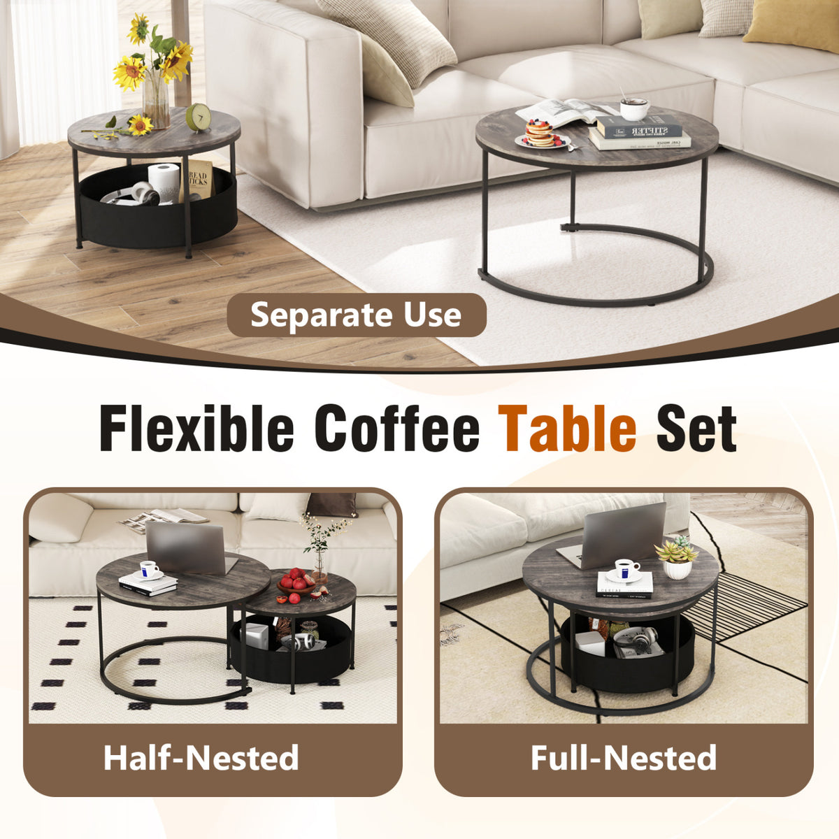 Round Coffee Table Set of 2 31.5" and 24" Circle Cocktail Table with Fabric Storage Basket-Gray