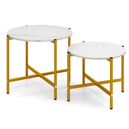 Round Coffee Table Set of 2 with Heavy-Duty Metal Frame-White