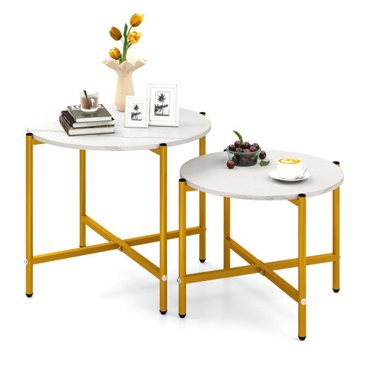 Round Coffee Table Set of 2 with Heavy-Duty Metal Frame-White