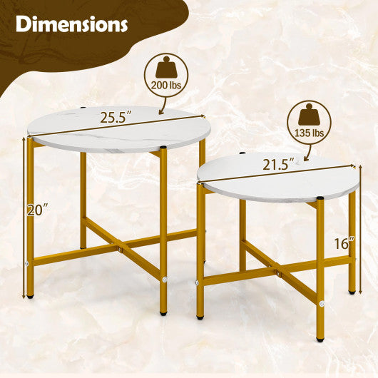 Round Coffee Table Set of 2 with Heavy-Duty Metal Frame-White