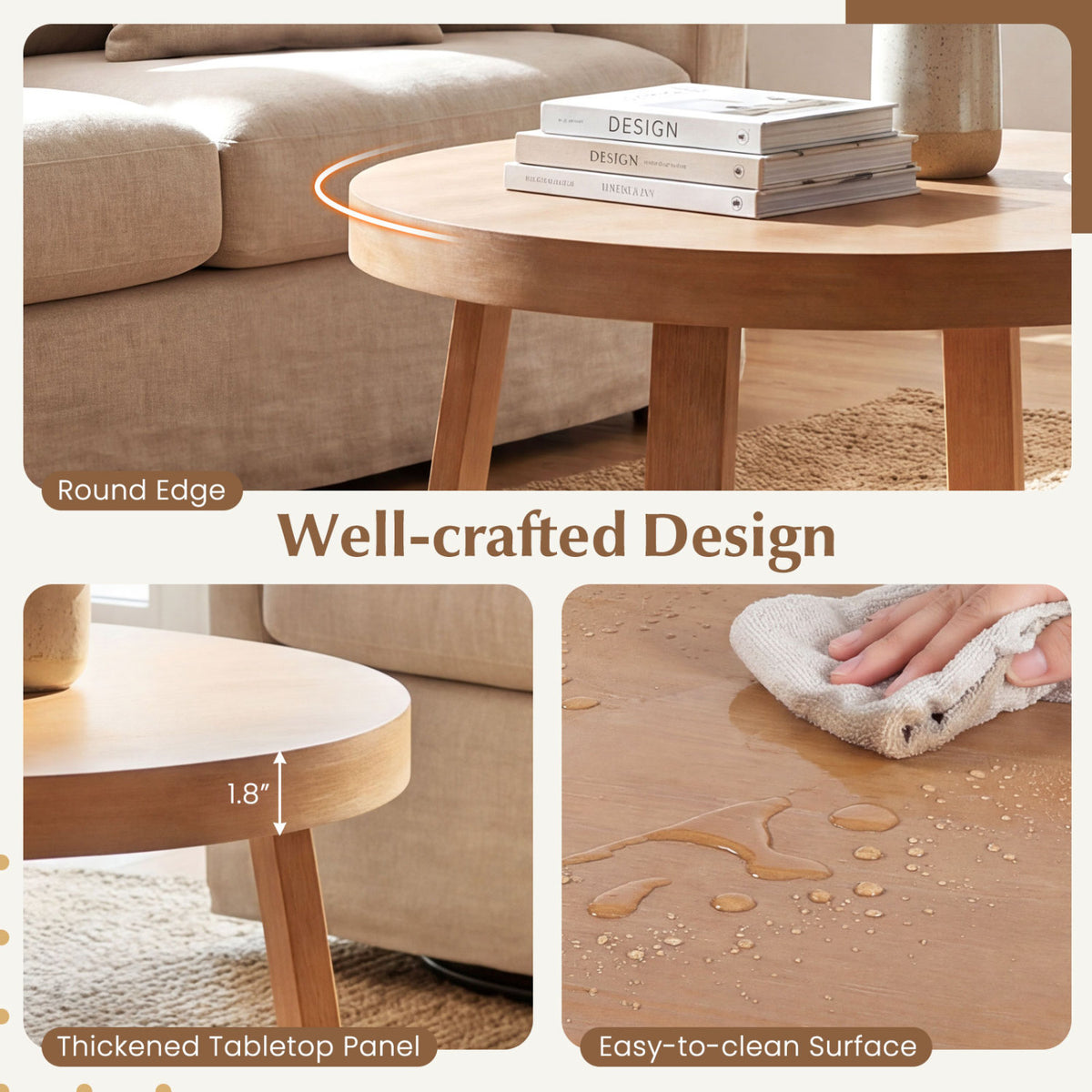 Round Coffee Table for Living Room 30 inch Farmhouse Accent Table with Study Rubber Wood Legs-Yellow