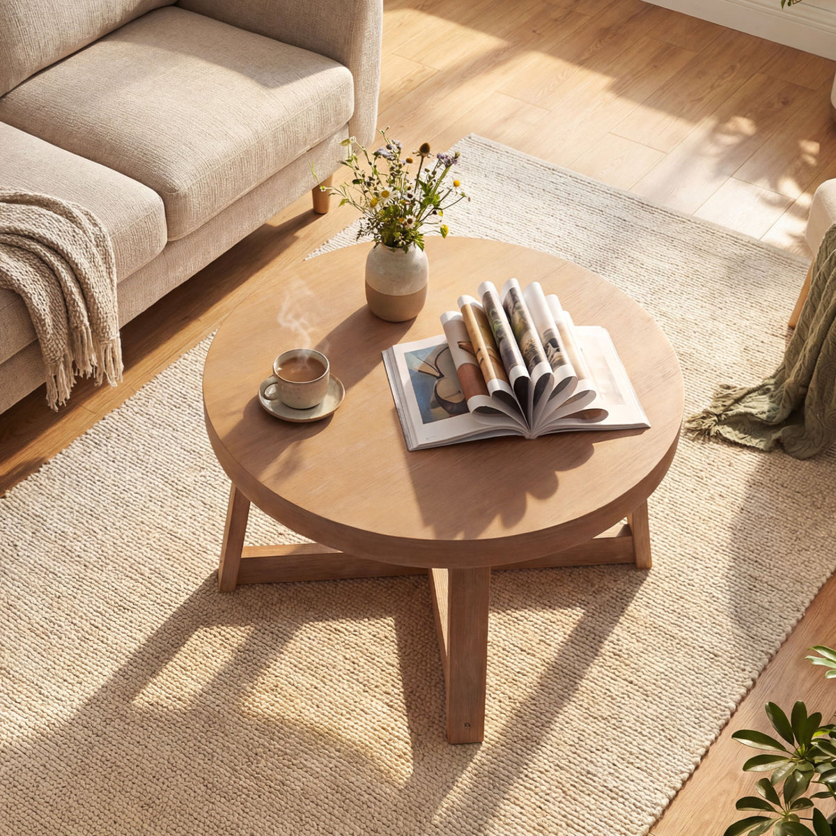 Round Coffee Table for Living Room 30 inch Farmhouse Accent Table with Study Rubber Wood Legs-Yellow
