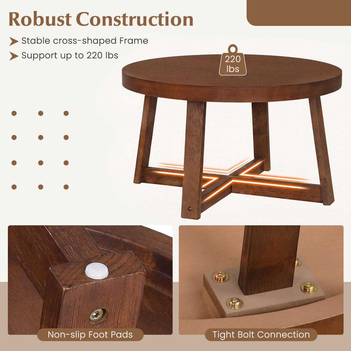 Round Coffee Table for Living Room 30 inch Farmhouse Accent Table with Study Rubber Wood Legs-Walnut