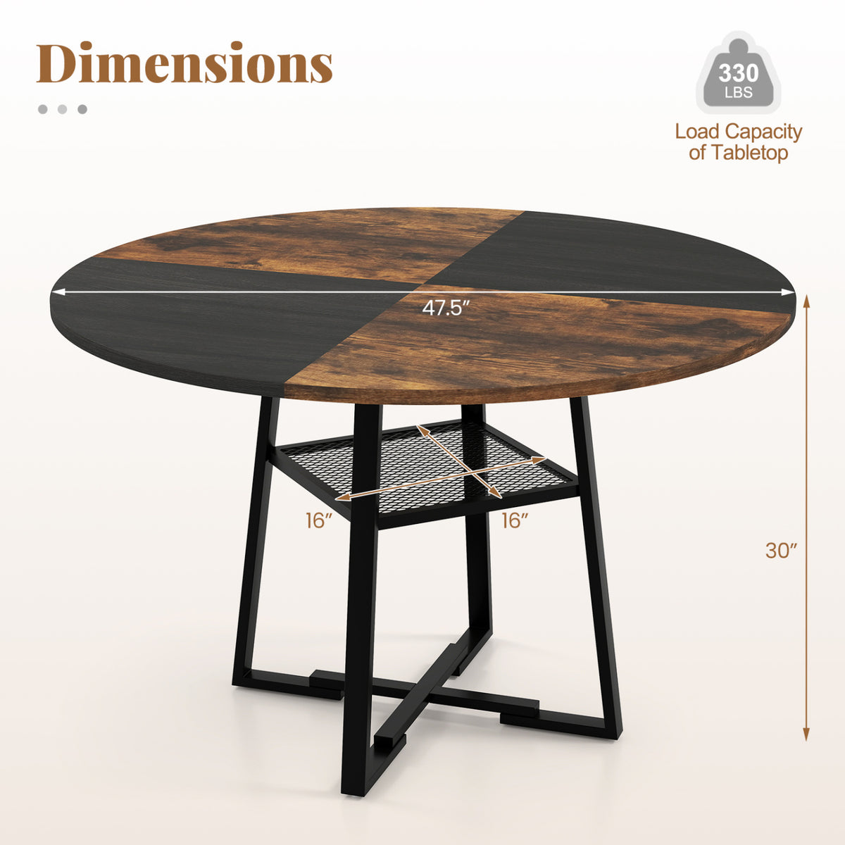 Round Dining Table for 4-6 with Storage Shelf and Metal Legs-Rustic Brown