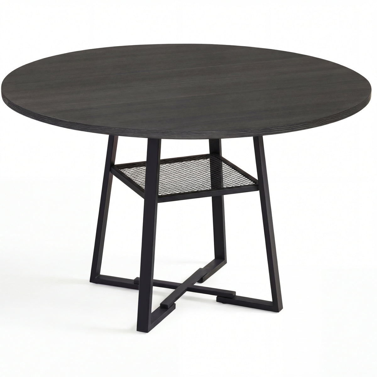Round Dining Table for 4-6 with Storage Shelf and Metal Legs-Black