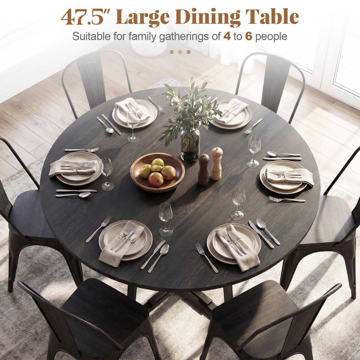 Round Dining Table for 4-6 with Storage Shelf and Metal Legs-Black