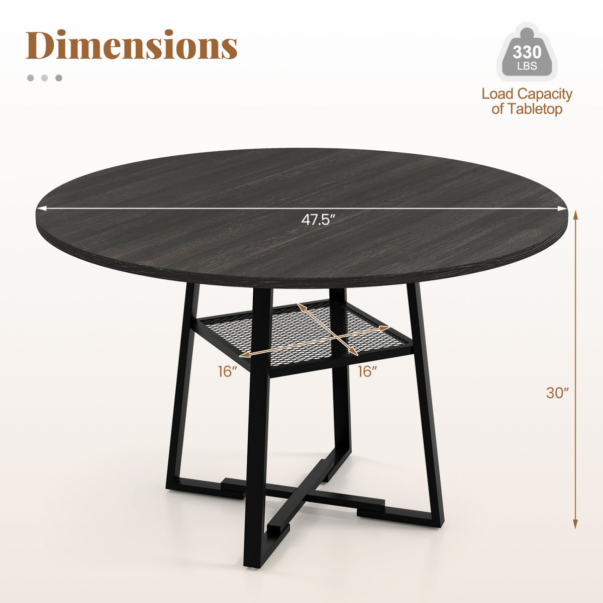 Round Dining Table for 4-6 with Storage Shelf and Metal Legs-Black