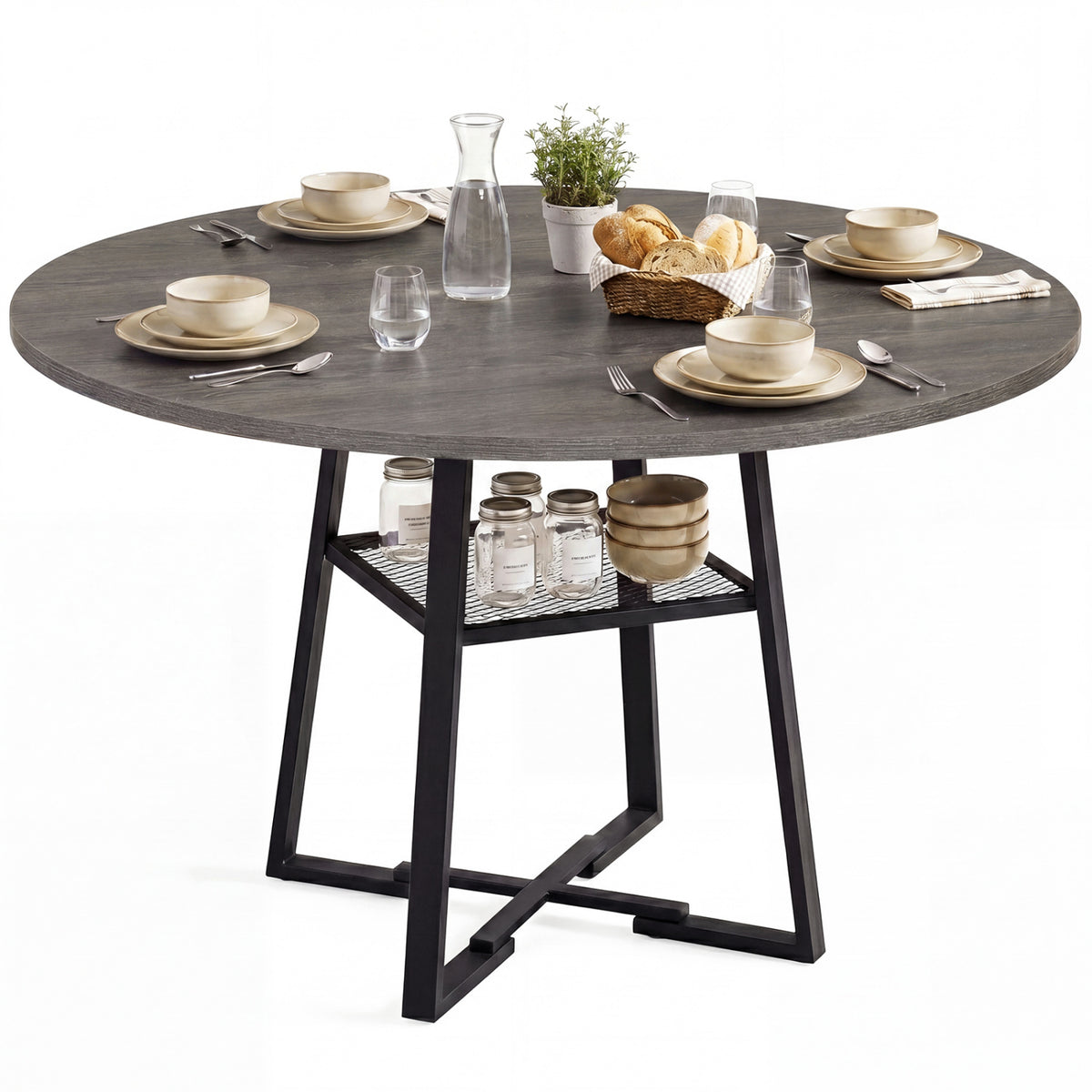 Round Dining Table for 4-6 with Storage Shelf and Metal Legs-Gray