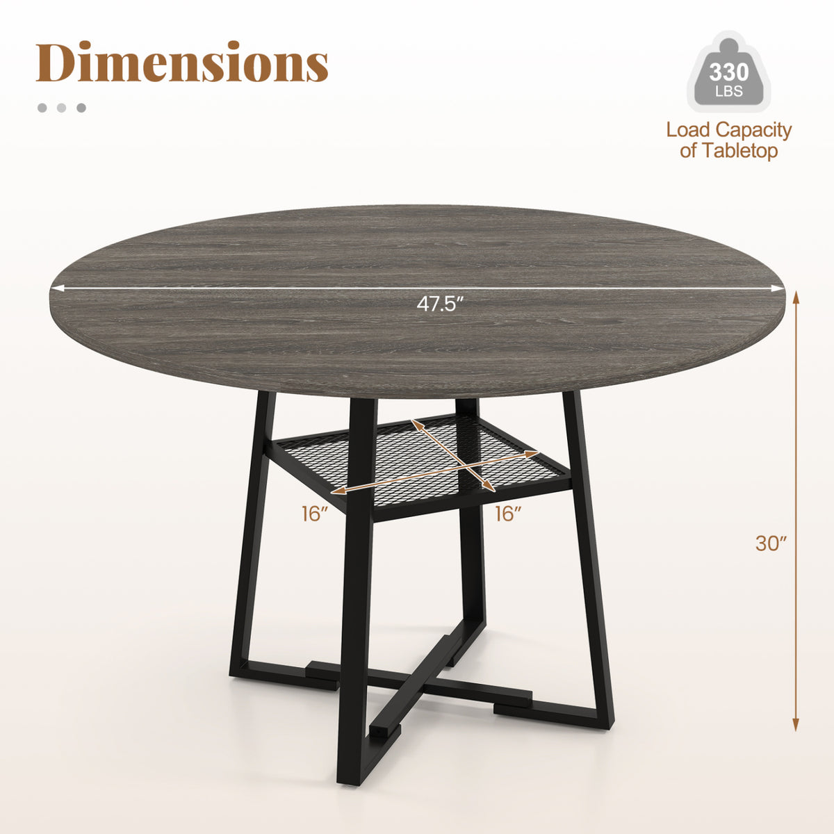 Round Dining Table for 4-6 with Storage Shelf and Metal Legs-Gray