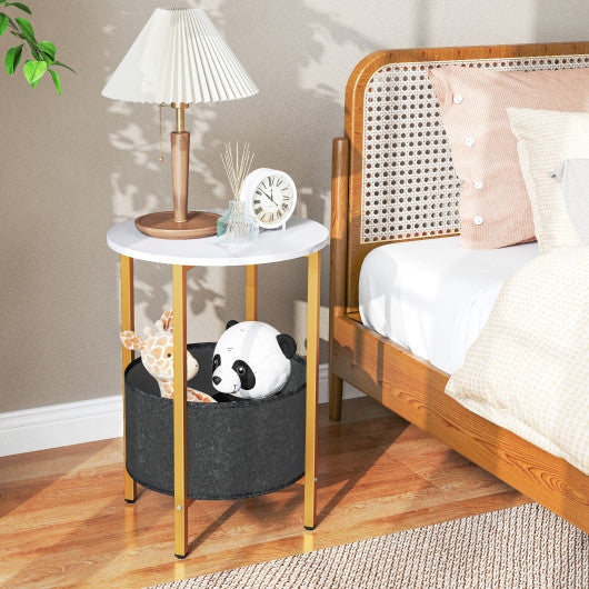 Round End Table 2-Tier Side Table with Removable Fabric Basket and Metal Frame-White