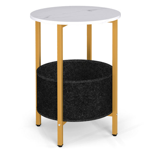 Round End Table 2-Tier Side Table with Removable Fabric Basket and Metal Frame-White