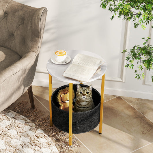 Round End Table 2-Tier Side Table with Removable Fabric Basket and Metal Frame-White