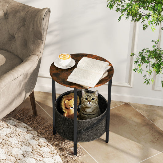 Round End Table 2-Tier Side Table with Removable Fabric Basket and Metal Frame-Rustic Brown