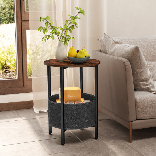Round End Table 2-Tier Side Table with Removable Fabric Basket and Metal Frame-Rustic Brown