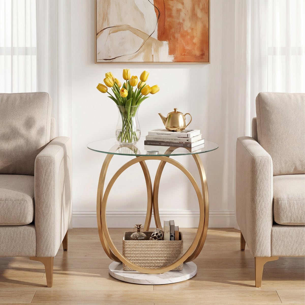 Round End Table Faux Marble Side Table with Tempered Glass Tabletop-Gold